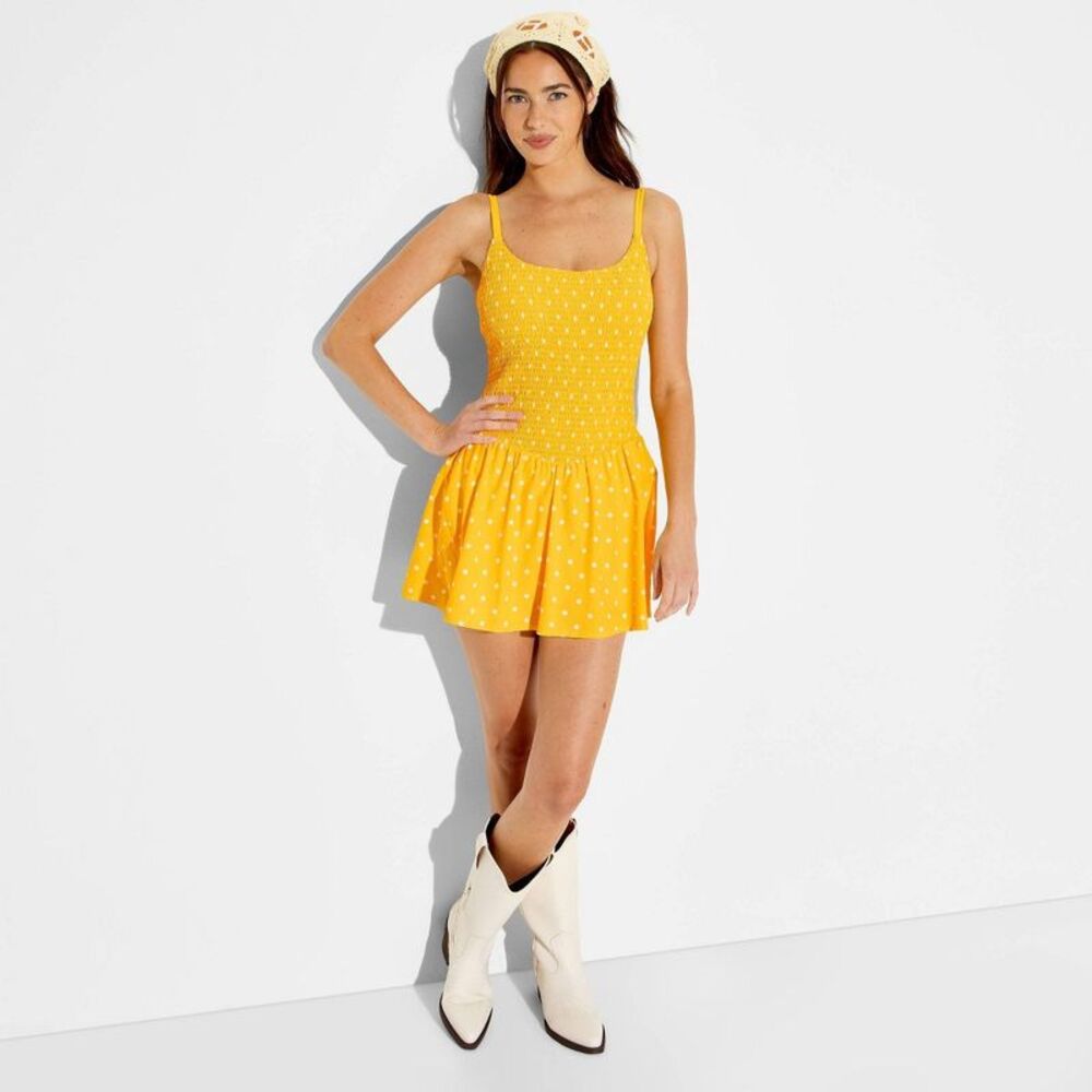 Women's Polka Dot Smocked Dress - JoyLab Yellow Polka Dot L